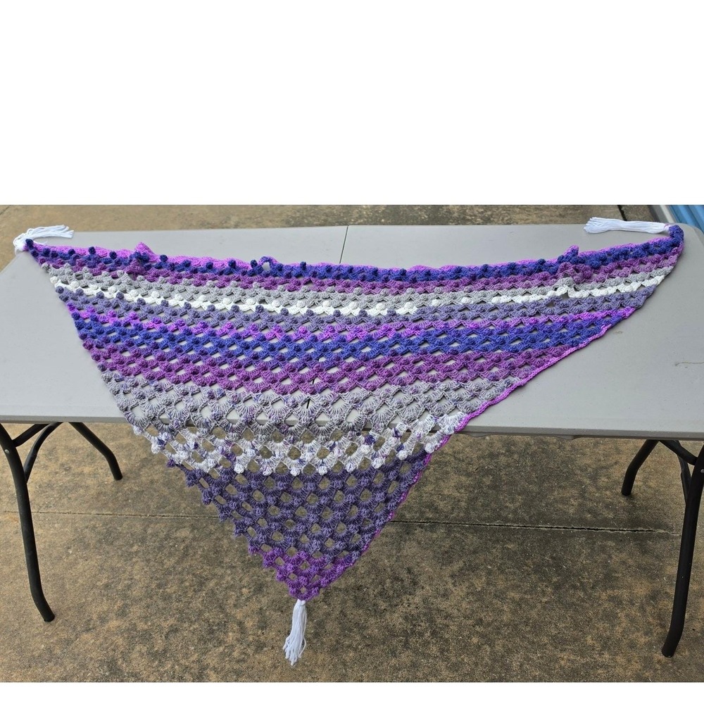 Handmade Crochet Triangle Shawl Purple Striped Nubby Boho Tassel Wrap Decor Teen